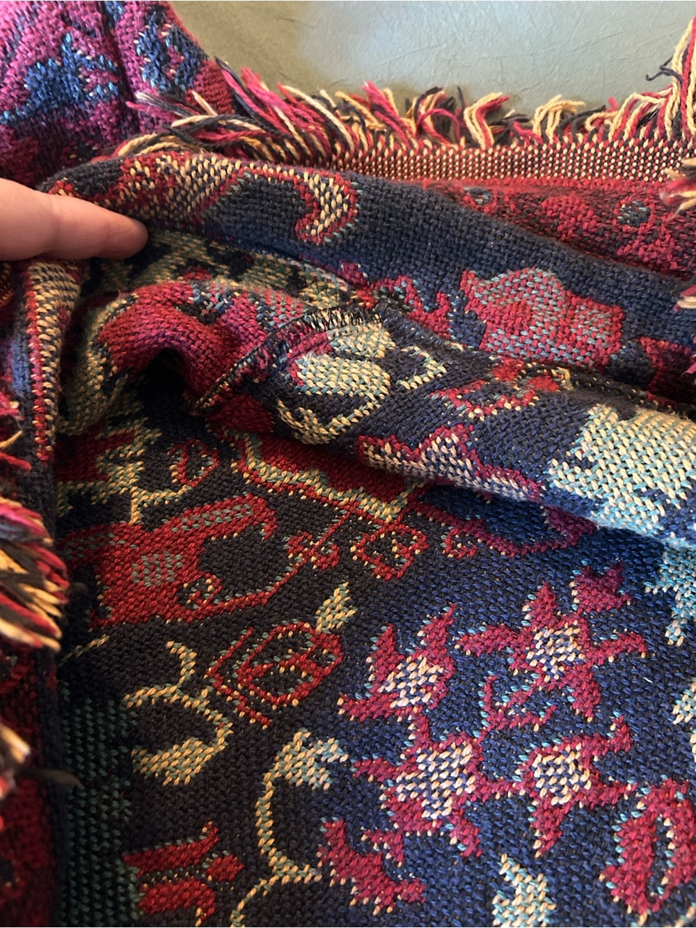 One of a Kind Handmade Women's Red & Navy Tapestry Fringed Cardigan Jacket - Picture 16 of 16